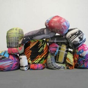 Christopher Astley, Elementary Wequiahments I, 2013, acrylic dye on raw linen, glazed ceramic, 28 x 36 inches