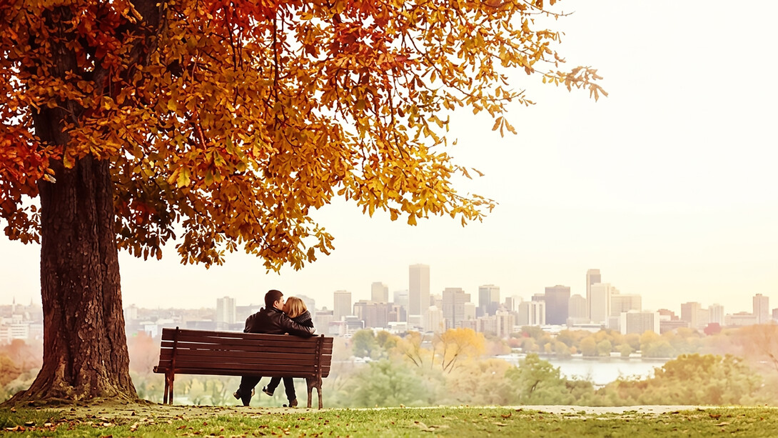 A young married couple sits on a bench, sharing a kiss as the man lovingly wraps his arm around his wife’s shoulders on a beautiful autumn day