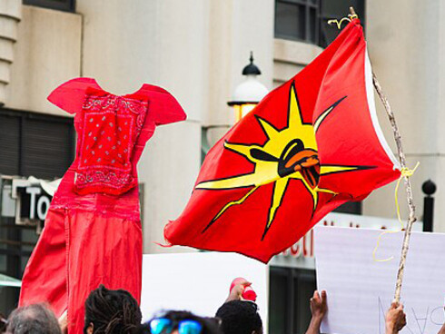 Mohawk Warrior Society flag at a Black Lives Matter protest in Toronto, 2020