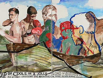 Ship of Cools, or, A Jolly Load of Boatmen Flat-Out Crossing the Mainstream, Some Being Kings, and Some Being Vagabonds (We Await Your Applause) (#1318), 2016, Watercolor, acrylic, and ink on paper (Diptych), 30 x 45 inches, overall; Courtesy of ClampArt, New York City © Jack Balas