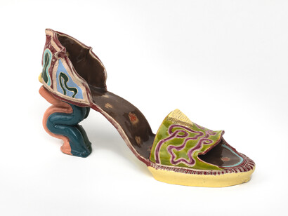 Barbara Nessim. Shoe Sculpture, 1972–73. Hand-built white earthenware, with incised decoration and colored glazes. Victoria & Albert Museum, C.1-2013.
