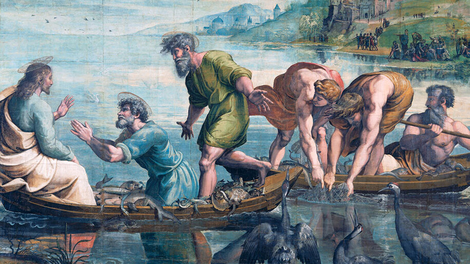 ‘The Miraculous Draught of Fishes’, Raphael, 1515 – 16. On loan from HM Queen Elizabeth II; rcin 912944, (Luke 5:1-11)