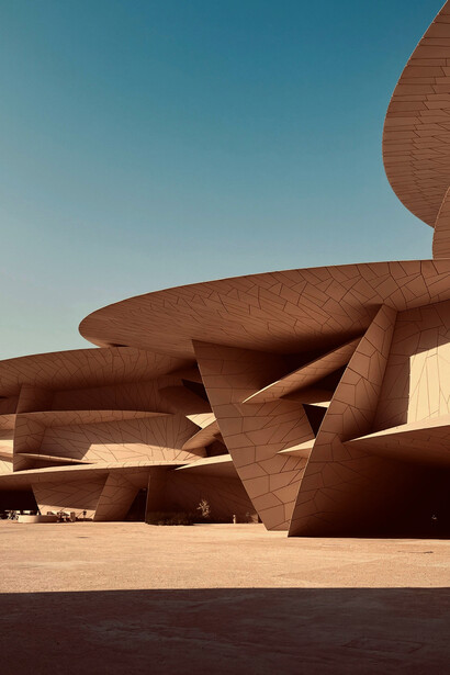 A futuristic roof with sharp, angular forms at the National Museum of Qatar, Doha, Qatar