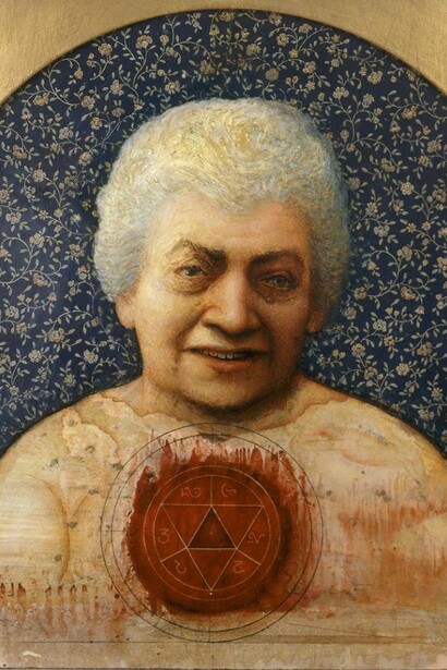 Gregory Gillespie, My Aunt, 1988, oil on panel, 19 3/4 x 18 1/2 inches