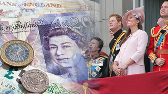 The royal family watch the royal fly past, Trooping the Colour, June 2013, and british pound