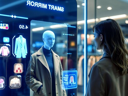 Interacting with a high-tech display, this woman illustrates how innovation is reshaping how we browse, buy, and experience style