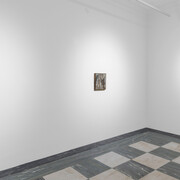 Justin Bradshaw, 9 paintings of drapery and eggs, exhibition view. Courtesy of Amanita