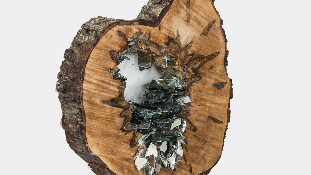 Christine Aaron, Vestige IV, 2015, mirror, encaustic, found wood, 15.5 inches diameter, 2 inches deep
Photo credit: David Wohl