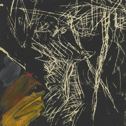 Fliegender Adler (‘Flying Eagle’), 1977, Georg Baselitz (b.1938), Linocut additions in grey, red and yellow oil paint on paper. Presented to the British Museum by Count Christian Duerckheim. Reproduced by permission of the artist, © Georg Baselitz
