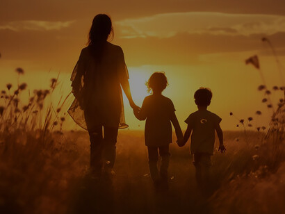 As the sun dipped below the horizon, a family shared a heartfelt moment, enveloped in an affectionate embrace, amidst the vast expanse of a field