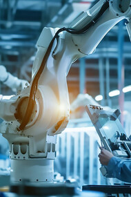 In a brightly lit, advanced manufacturing facility, a worker wearing a safety helmet closely monitors a state-of-the-art robotic arm in operation, ensuring precision and safety on the production line