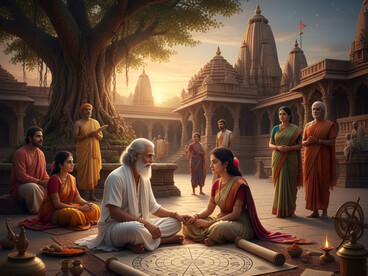 Cycles, patterns, and timing: consulting the stars to navigate life's journey. A timeless meeting under the banyan tree, where ancient symbols offer a mirror for human experience