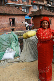 A woman carefully filters sun-dried crops under the warm Terai sun in Nepal, showcasing the region’s rich agricultural traditions and daily rhythm of rural life