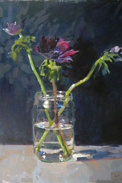 Laurent Dauptain, Anémones, fond gris, 2014, Oil on Canvas, 51" x 38"