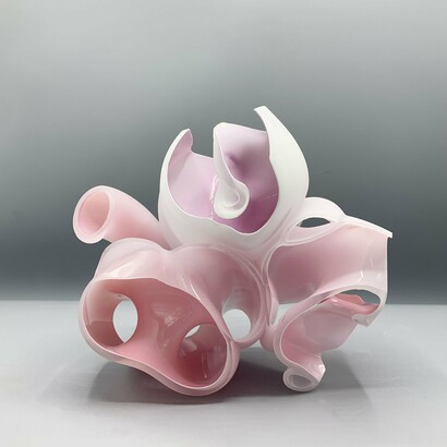 Kim Harty, Pelvic, 2023,
blown and cut glass,
6 x 6 x 3 in. (15.2 x 15.2 x 7.6 cm). Courtesy of the artist and Heller Gallery