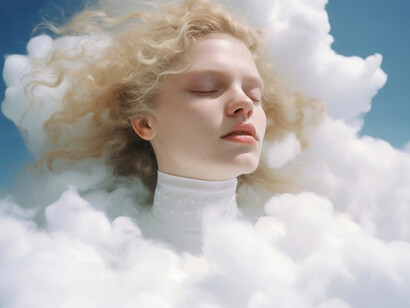 A surreal image of a woman drifting among clouds in the sky, capturing the essence of AI-driven dreams