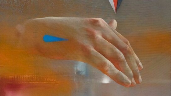Aaron Holz, Hand (for Horace Greeley) 1-13 (13), oil, acrylic & resin on panel; reclaimed wood, 19.5” x 21”
