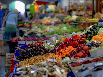 Assorted produce on display at a market in Venice, Veneto, Italy