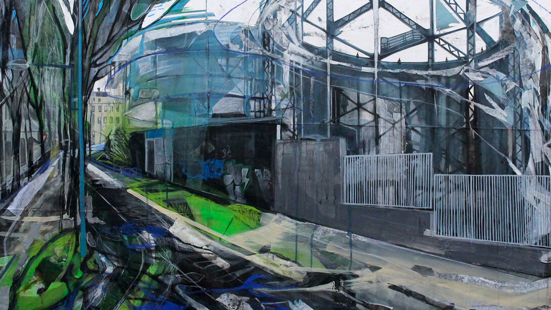 Anna Capolupo, TorinoNowhere 3, 2014, tecnica mista su carta applicata su tela, 100 × 150 cm