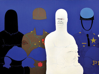 May Stevens, Big Daddy Paper Doll (detail), 1968, Acrylic on canvas, 60 x 108 inches