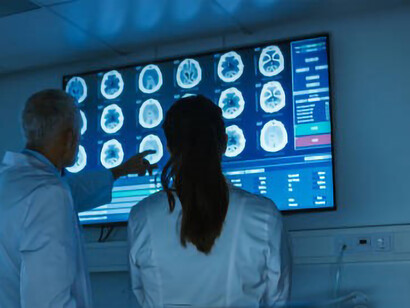 Neurophysiologists are carefully reviewing a brain scan on computer screens