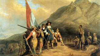 Charles Davidson Bell (1813-1882) describe la escena del  4 de abril de 1652, cuando el capitán Jan van Riebeeck tomó posesión del Cabo de Buena Esperanza en nombre de la Compañía Neerlandesa de las Indias Orientales
