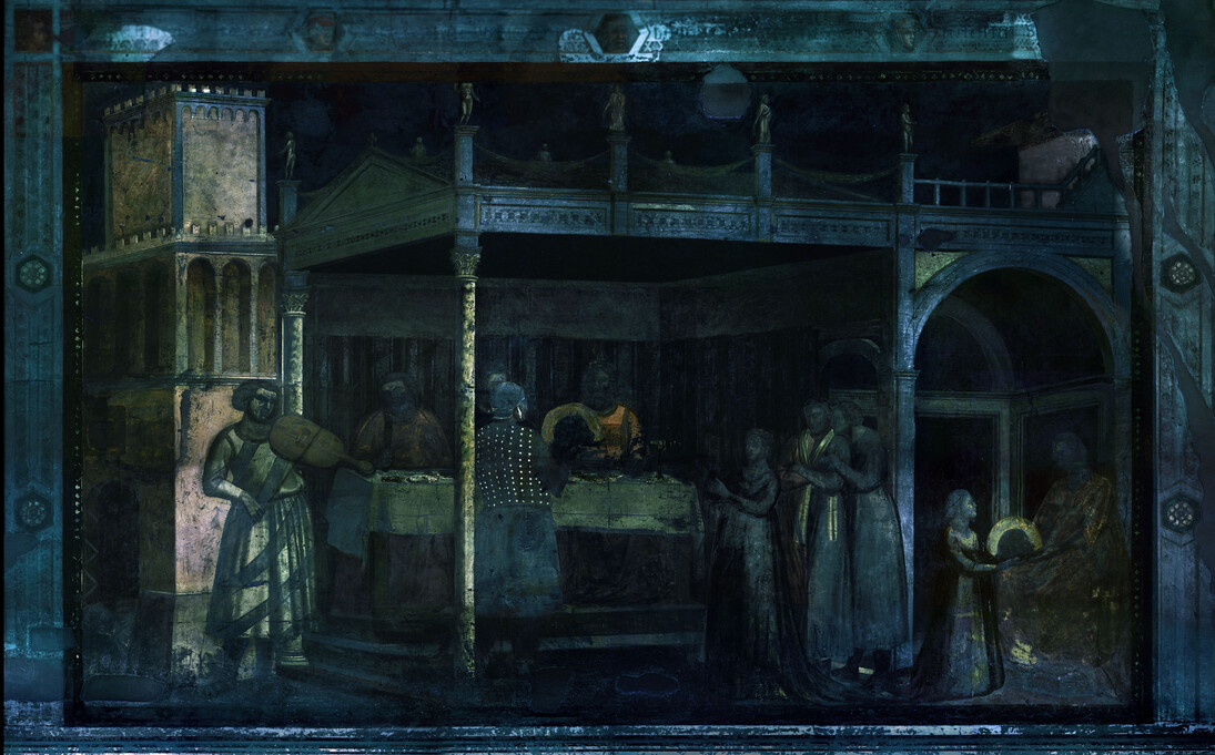 Firenze. Santa Croce, cappella Peruzzi. Giotto,
Banchetto di Erode
Documentazione fotografica a luce visibile e della fluorescenza da ultravioletti del ciclo pittorico di Giotto: Art Imaging di  Annette Keller 
