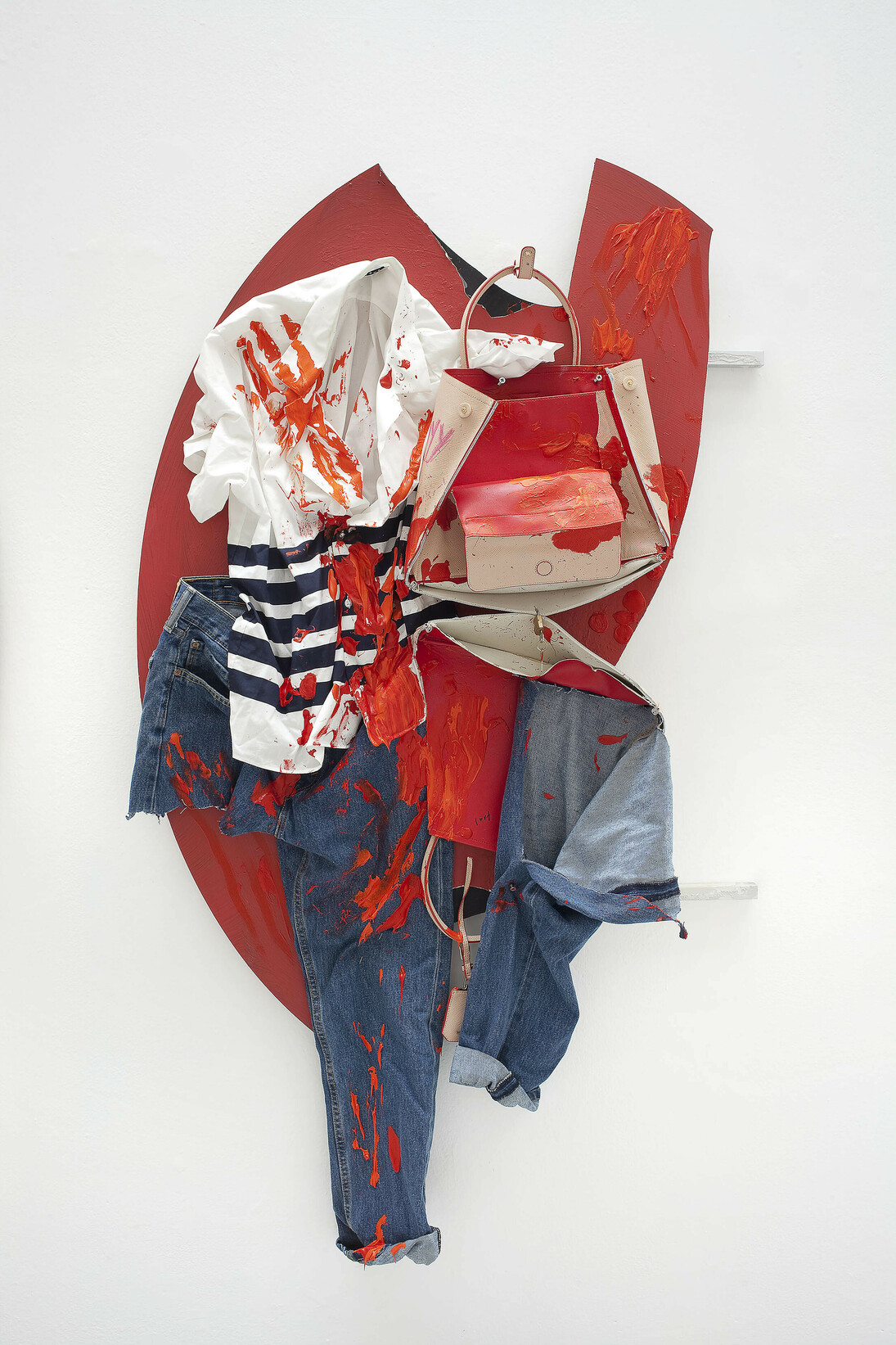 Yves Scherer, C+Y, 2015, Aluminium Dibond, Prada Bag, T-Shirt, Pants and Acrylic Paint, 135x85 cm - Courtesy Studiolo, Milan - Photo Filippo Armellin