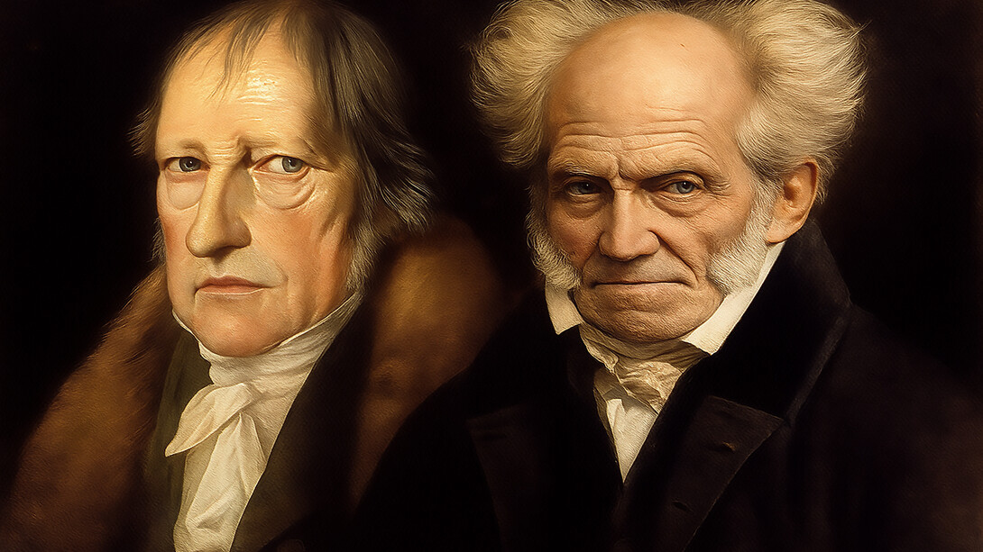 Two titans of philosophy—Hegel and Schopenhauer—captured side by side, embodying the tension between reason’s promise and the raw force of the will