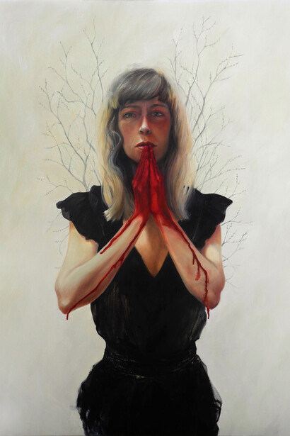 È di colore rosso il cuore, olio e matita su tela, 2014, 100x70 cm