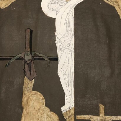 Mario Radice, Crocifissione, 1948 circa, olio su tela incollata su una tavoletta di masonite eseguita presumibilmente nel 1986, esposta nelle vetrine del Museo del Duomo