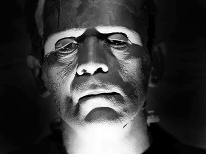 A depressed-looking Frankenstein's monster reflects on his life on this planet and wonders if he actually belongs to it