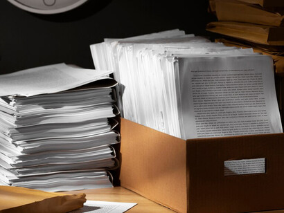 A cluttered table with a stack of documents and papers, each filled with messy drafts