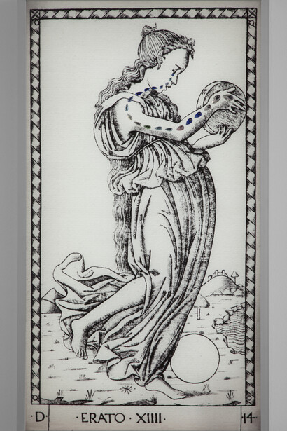 Francesco Vezzoli, Metamorfosi: The Crying Muses (After Mantegna's tarot cards), Erato,
2015,
LED light-boxes, rhinestones,
9 pieces, each 100 x 55 x 8 cm
