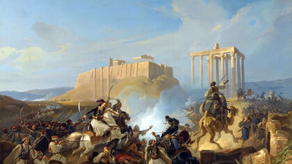The painting depicts an idealized battle near the Temple of Zeus and the Acropolis of Athens. The Greek leader (left to center) resembles Georgios Karaiskakis. During the 1825-1828 invasion, the Ottoman army, with troops from Asia, Africa, and Europe, is symbolized by a camel among the retreating forces. Original title: Kampfszene