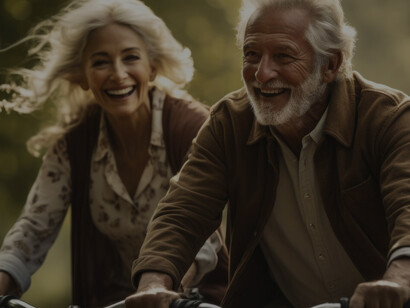 Experience the joy of longevity as a happy older couple embraces an active lifestyle, riding their bicycles together outdoors and savoring the moments of vitality and togetherness