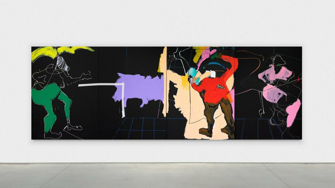 Mary Lovelace O'Neal, Kiss My—Watermelon Lollipop, 2021–2023. Acrylic and mixed media on canvas, 7 x 20 feet (Quadriptych 4). Courtesy of the artist and Marianne Boesky Gallery