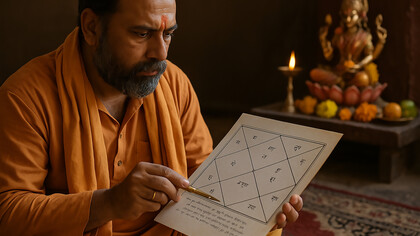A Hindu priest studies a Vedic astrology chart by lamplight, reflecting the ancient Indian tradition of aligning human life with celestial rhythms