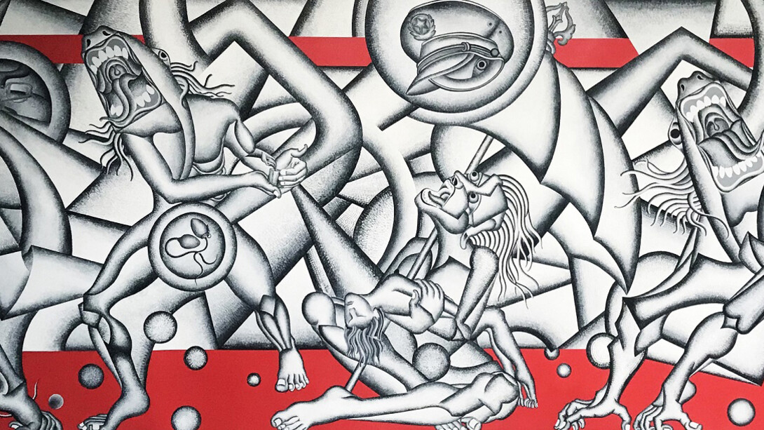 Tenzing Rigdol
Investigation on Space, Weight and Energy 2018–19 Oil on canvas
152.4 x 426.7 cm (60 x 168 in)