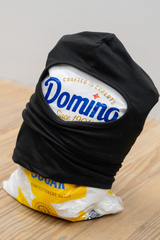 Allen-Golder Carpenter
Untitled (self portrait), detail, 2024,
photo paper, photo copy prints, cotton cloth, epoxy resin, cellophane, tape, black ski mask, bag of powered sugar,
45 x 48 x 16 in.
114.3 x 121.92 x 40.64 cm. Courtesy of the artist and No Gallery