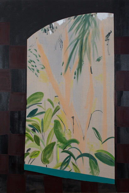 Caragh Thuring, Sugar House, 2015, bitumen, oil, gesso, pigment on linen, 96 x 72 in. / 243.8 x 182.9  cm. Image courtesy the artist & Simon Preston Gallery, NY