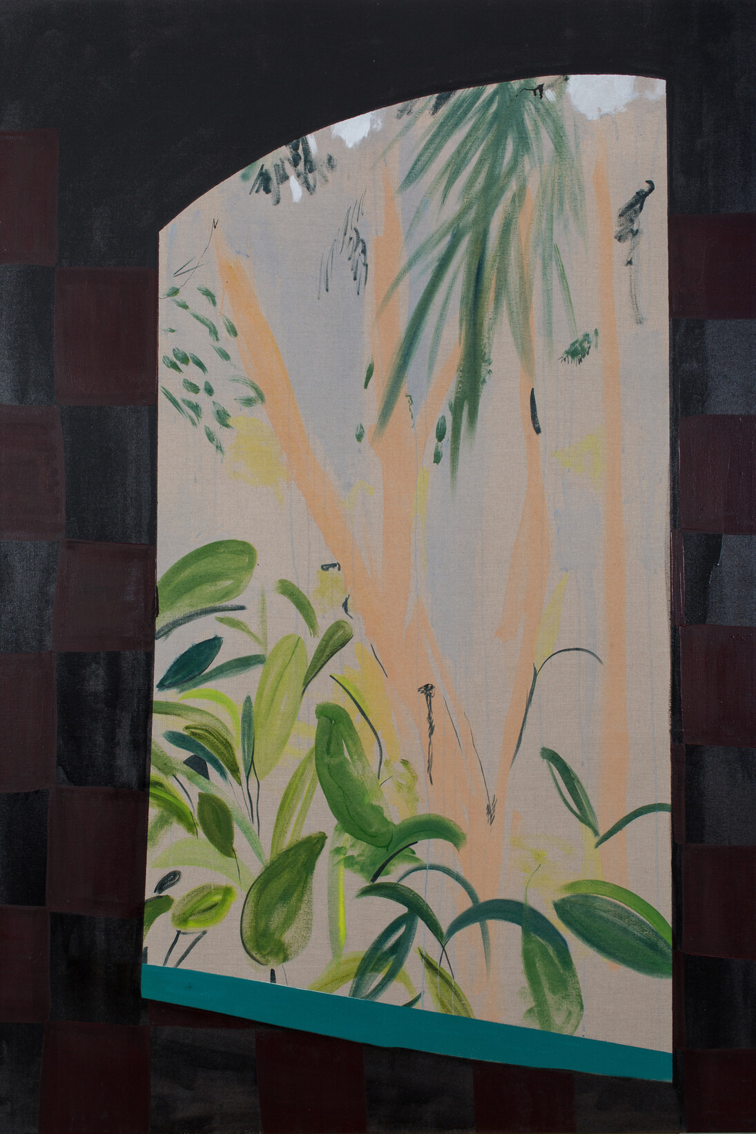 Caragh Thuring, Sugar House, 2015, bitumen, oil, gesso, pigment on linen, 96 x 72 in. / 243.8 x 182.9  cm. Image courtesy the artist & Simon Preston Gallery, NY