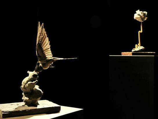 Polly Morgan, Foreground: In there somewhere
64 x 39 x 16 cm, Embalmed Swallow and Jesmonite. Background: Lightening Never Strikes Twice, 31 x 18 x 13 cm, Merlo Indian embalmed, pencil and paper