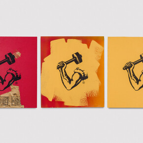 Awol Erizku, Pull Up Wit Ah Stick, 2016, Household paint and silkscreen on plywood 3 parts; 108 x 96.5 cm; (42 1/2 x 38 in.) each, Photo by Joshua White. Courtesy of Ben Brown Fine Arts