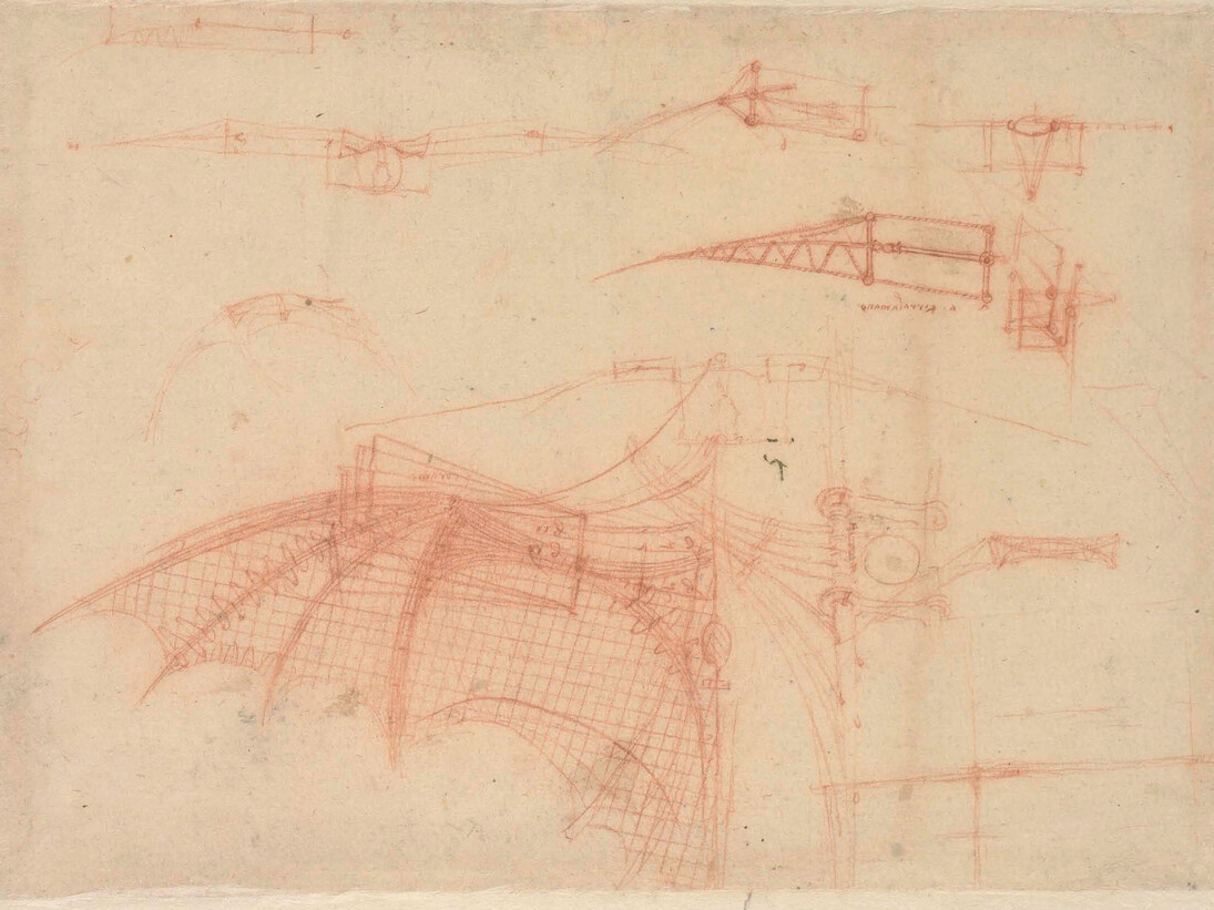 Leonardo da Vinci, disegno di ala meccanica, f. 70b, Codice Atlantico