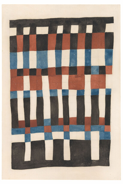 Sophie Taeuber-Arp, Composition
verticale-horizontale (Vertical-Horizontal Composition),1926-1927, gouache over preliminary drawing in pencil on drawing paper, 43.1x29.2 cm © Stiftung Arp e.V., Berlin/Rolandswerth/Artists Rights Society
(ARS), New York, photo: Alex Delfanne. Courtesy Stiftung Arp e.V., Berlin/Rolandswerth and Hauser & Wirth