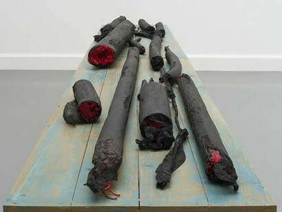 Sheela Gowda, Breaths, 2002, string, pigment, charcoal powder, gauze, table, 18 pieces – 15cm x 2.5cm to 150cm x 12.5cm approx., Image Courtesy: The Artist and Galleryske, © Peter Cox