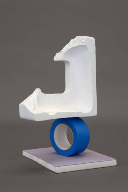 Matt Johnson, Untitled (Balancing Styrofoam Corner on a Tape Roll), 2016, Carved wood and paint, 15 1/4 x 11 x 9 3/4 inches (38.7 x 27.9 x 24.8 cm), pedestal: 33 x 21 x 21 inches (83.8 x 53.3 x 53.3 cm) MJ 152. Courtesy of 303 Gallery