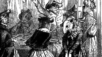 "Cuando el gato no está, los ratones bailan", del libro "Cien refranes" de Granville (Jean-Ignace-Isidore Gérard), 1845