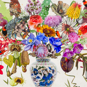 Jane Hammond, Persian vase with cup and saucer vine, clematis Rebecca and northern red bishop medium. Courtesy of Berggruen Gallery 